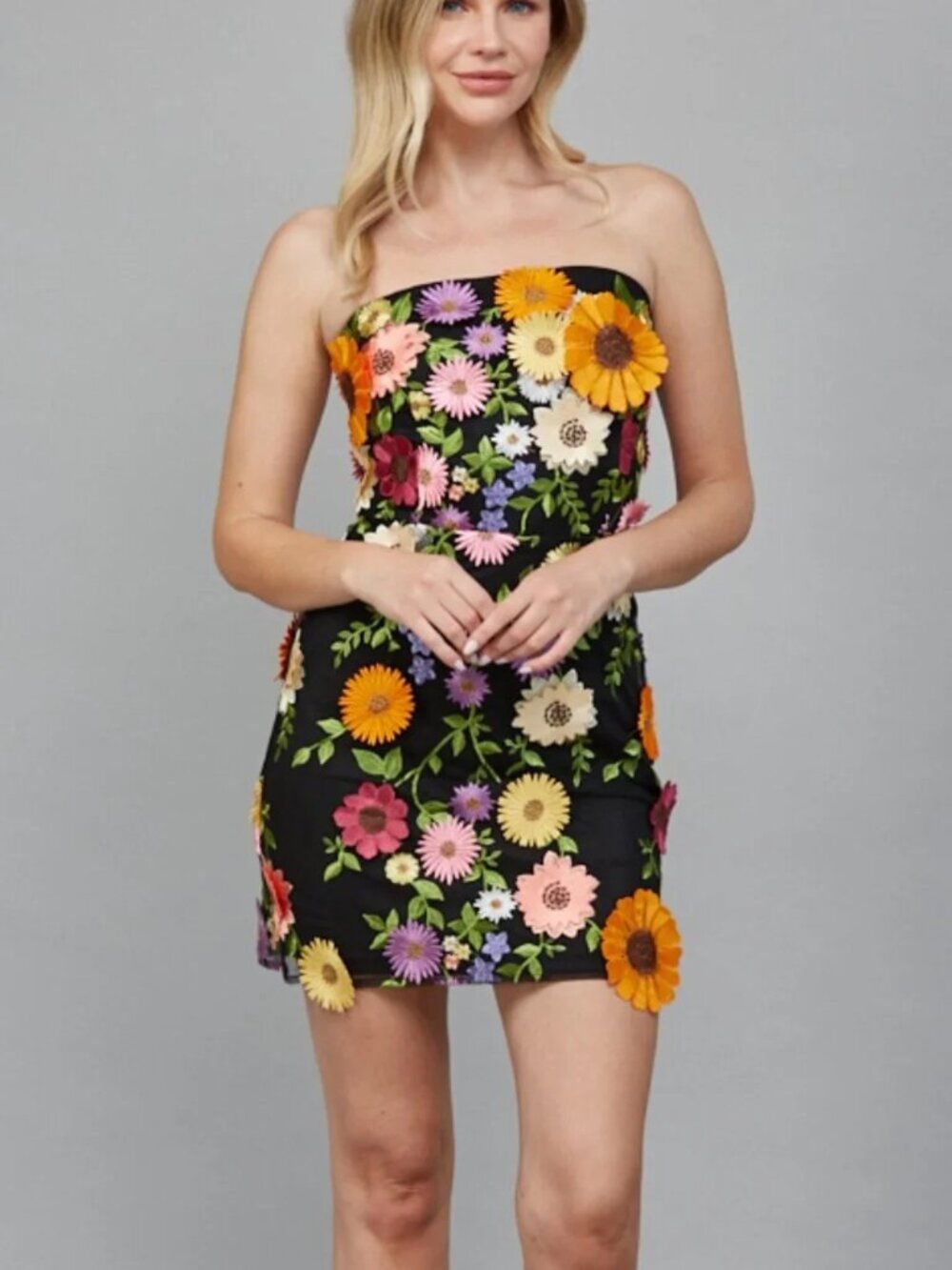 Fate 3D Floral Appliqué Strapless Dress M Black Multi NWT